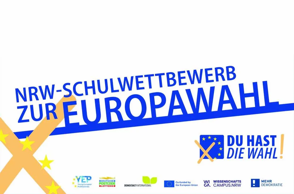 Grafik: NRW-Schulwettbewerb zur Europawahl mit dem Motto Du hast die Wahl und Partnerlogos
