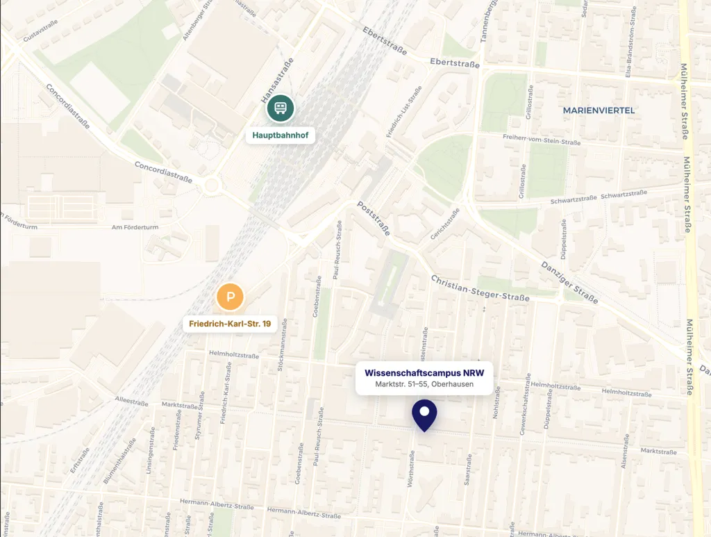 Kartenausschnitt: Lage des Wissenschaftscampus an der Marktstraße 51–55 in Oberhausen, mit Oberhausen Hbf und Parkplatz Friedrich-Karl-Straße